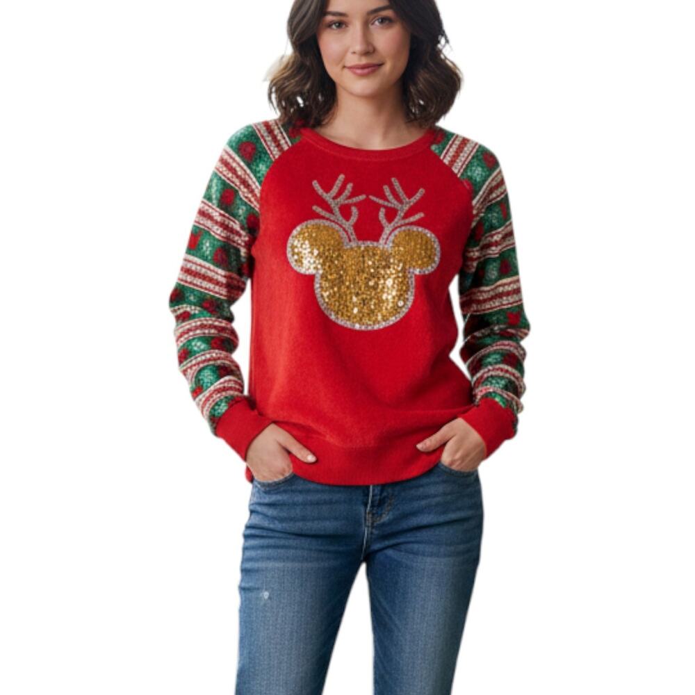 Disney Holiday Sweater Juniors 7/8 Mickey Mouse Reindeer Christmas Fuzzy Red Fes